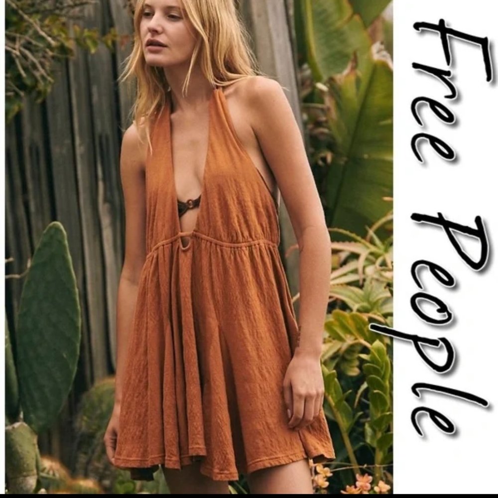 Free People Emma Louise Halter Mini Dress | Sienna Brown | NWT Small | FP Beach